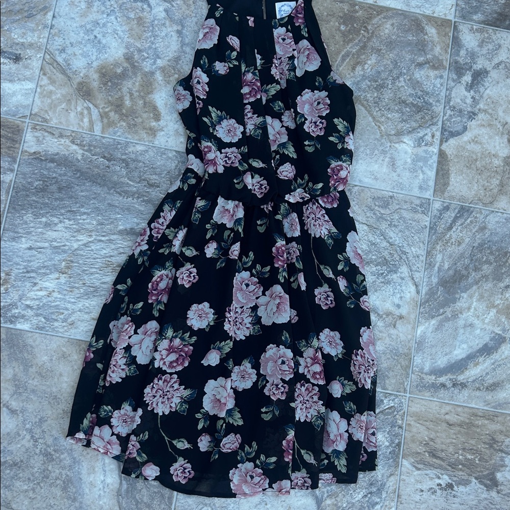 Blue Rain Black and Pink Floral Midi Dress